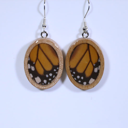 51604 - Real Butterfly Wing Jewelry - Earrings - Medium - Tan Wood - Oval - Plain -  Monarch