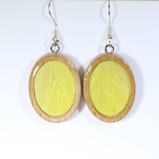 51606 - Real Butterfly Wing Jewelry - Earrings - Medium - Tan Wood - Oval - Plain - Hebomia - Yellow