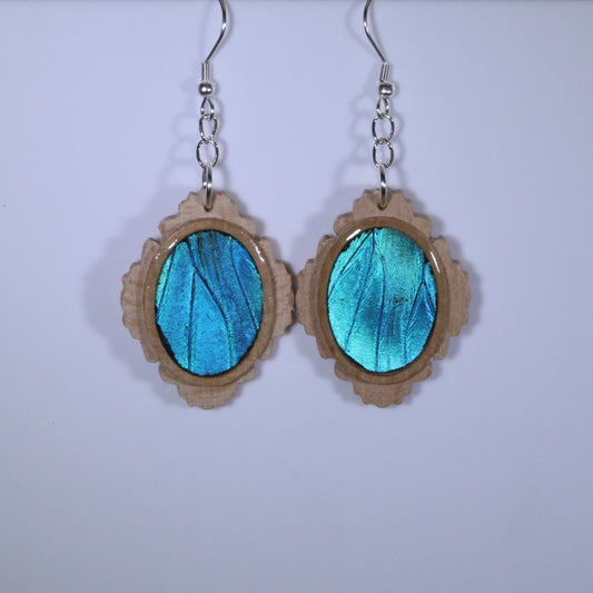 51651 - Real Butterfly Wing Jewelry - Earrings - Medium - Tan Wood - Oval - Filigree - Blue Morpho