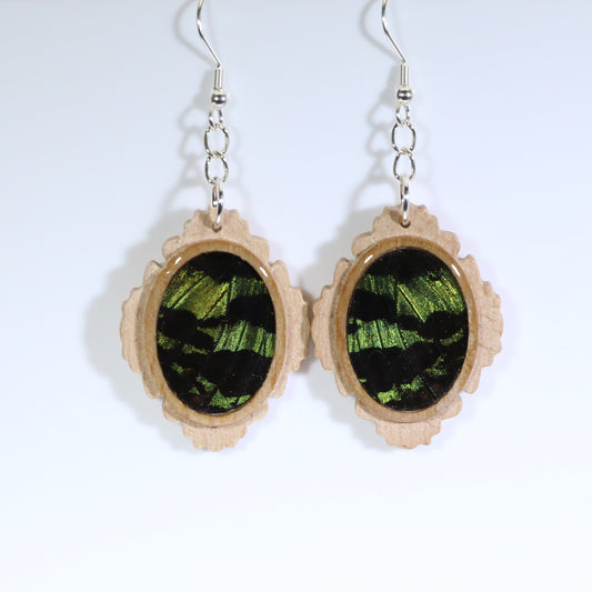 51653 - Real Butterfly Wing Jewelry - Earrings - Medium - Tan Wood - Oval - Filigree - Sunset Moth - Green