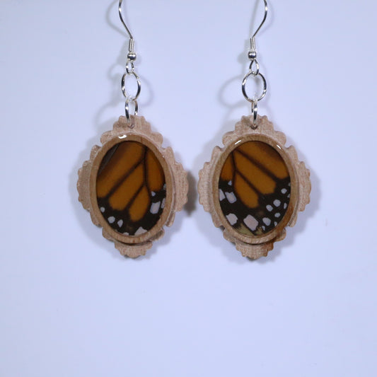 51654 - Real Butterfly Wing Jewelry - Earrings - Medium - Tan Wood - Oval - Filigree - Monarch