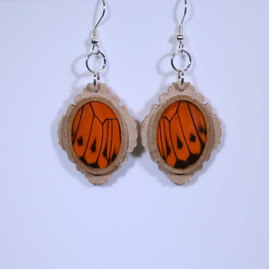 51655 - Real Butterfly Wing Jewelry - Earrings - Medium - Tan Wood - Oval - Filigree - Hebomia - Orange