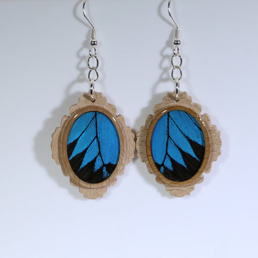 51657 - Real Butterfly Wing Jewelry - Earrings - Medium - Tan Wood - Oval - Filigree - Blue Mountain Swallowtail