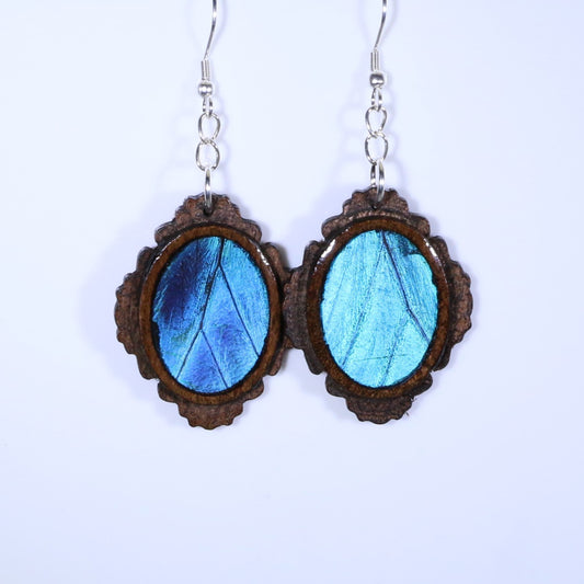 51751 - Real Butterfly Wing Jewelry - Earrings - Medium - Dark Wood - Oval - Filigree - Blue Morpho