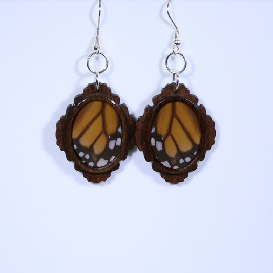 51754 - Real Butterfly Wing Jewelry - Earrings - Medium - Dark Wood - Oval - Filigree - Monarch