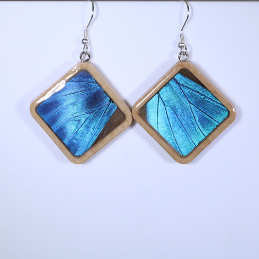 51801 - Real Butterfly Wing Jewelry - Earrings - Large - Tan Wood - Diamond Shape - Blue Morpho