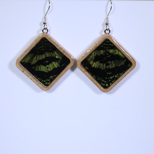 51803 - Real Butterfly Wing Jewelry - Earrings - Large - Tan Wood - Diamond Shape - Sunset Moth - Green