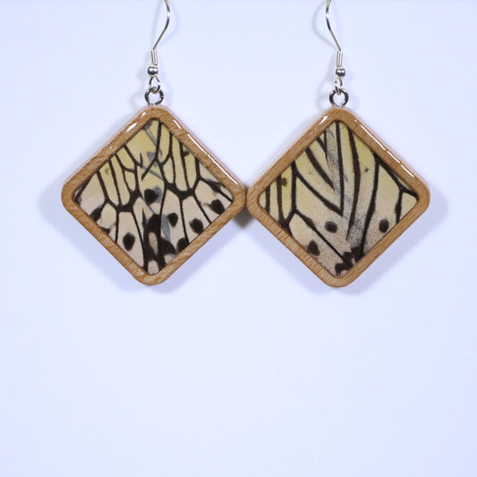 51809 - Real Butterfly Wing Jewelry - Earrings - Large - Tan Wood - Diamond Shape - Paper Kite
