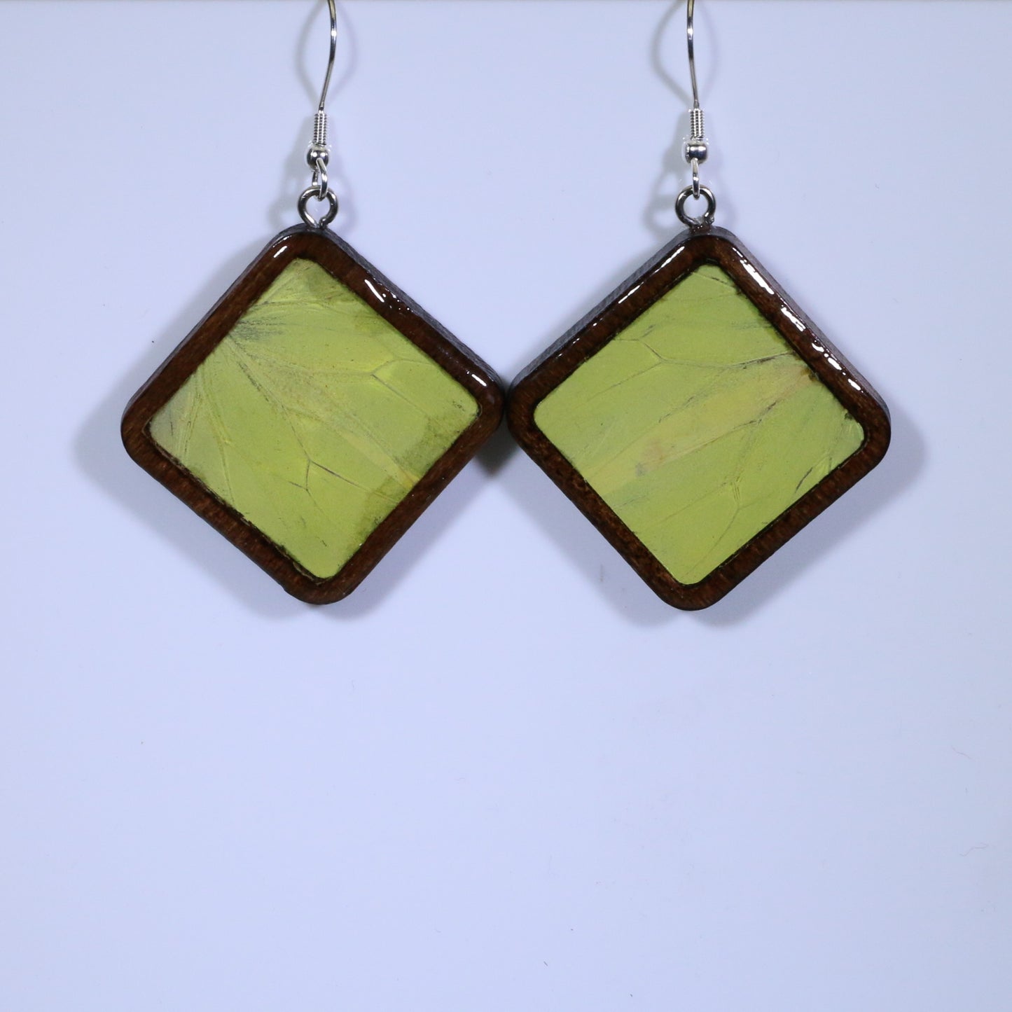 51856 - Real Butterfly Wing Jewelry - Earrings - Large - Dark Wood - Diamond Shape - Hebomia - Yellow