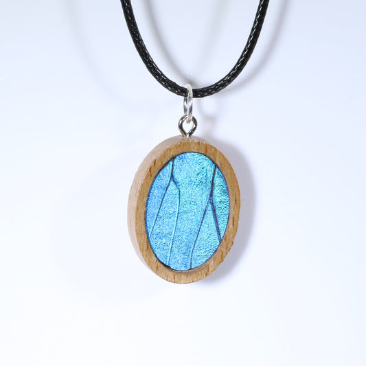 52601 - Real Butterfly Wing Jewelry - Pendant - Tan Wood - Oval - Plain - Blue Morpho