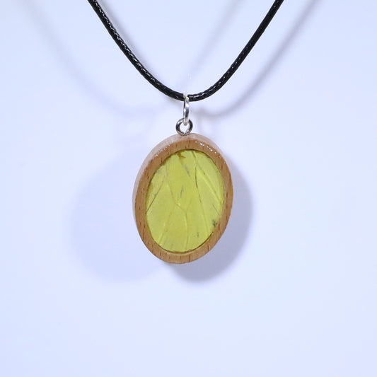 52606 - Real Butterfly Wing Jewelry - Pendant - Tan Wood - Oval - Plain - Hebomia - Yellow