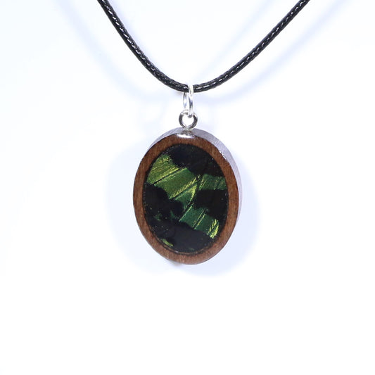 52613 - Real Butterfly Wing Jewelry - Pendant - Dark Wood - Oval - Plain - Sunset Moth - Green