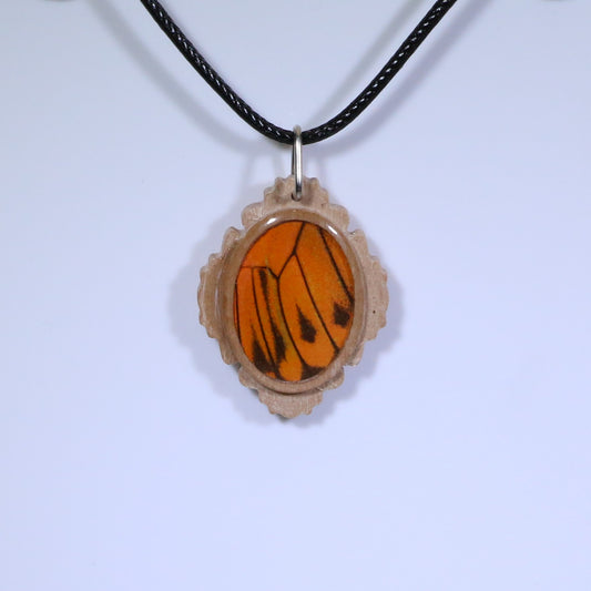 52705 - Real Butterfly Wing Jewelry - Pendant - Tan Wood - Oval - Filigree - Hebomia - Orange