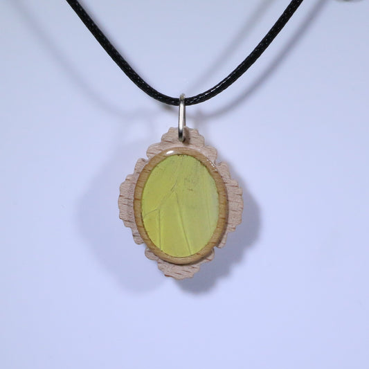 52706 - Real Butterfly Wing Jewelry - Pendant - Tan Wood - Oval - Filigree - Hebomia - Yellow