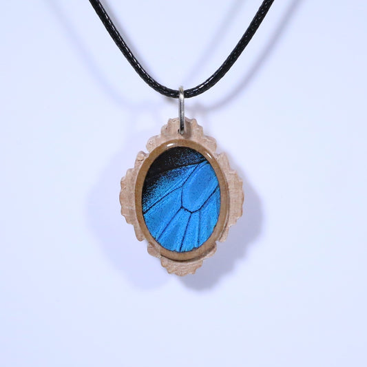 52707 - Real Butterfly Wing Jewelry - Pendant - Tan Wood - Oval - Filigree - Blue Mountain Swallowtail