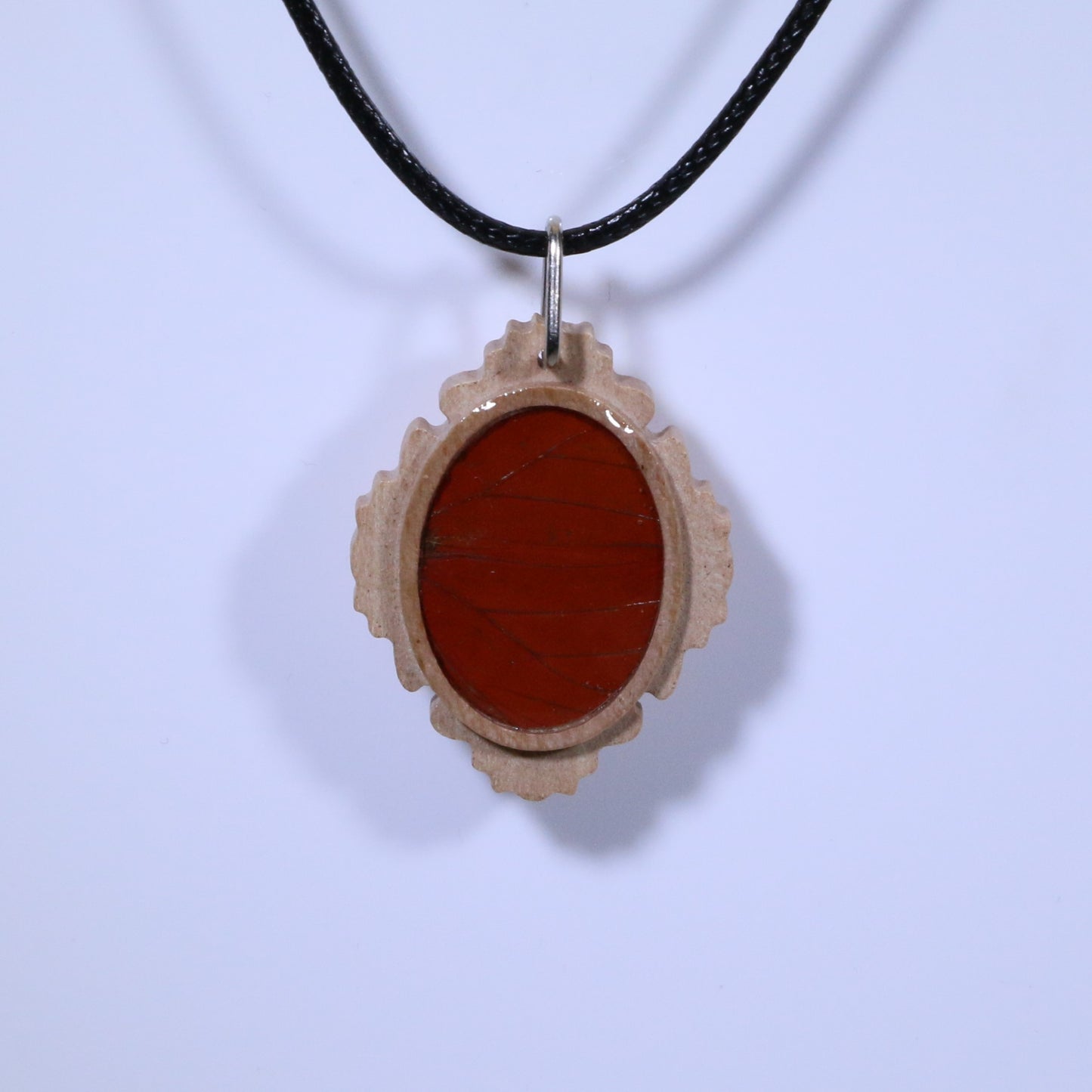 52708 - Real Butterfly Wing Jewelry - Pendant - Tan Wood - Oval - Filigree - Red Glider