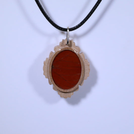 52708 - Real Butterfly Wing Jewelry - Pendant - Tan Wood - Oval - Filigree - Red Glider
