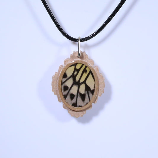52709 - Real Butterfly Wing Jewelry - Pendant - Tan Wood - Oval - Filigree - Paper Kite