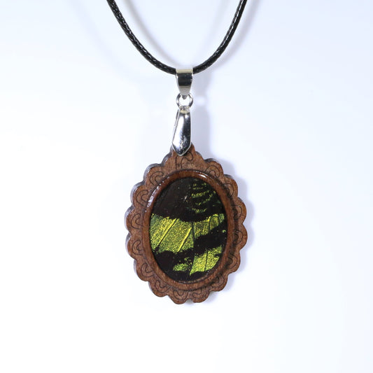 52713 - Real Butterfly Wing Jewelry - Pendant - Dark Wood - Oval - Filigree - Sunset Moth - Green