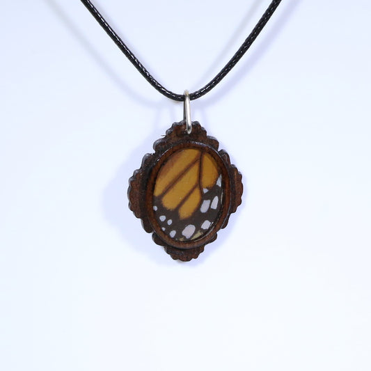52714 - Real Butterfly Wing Jewelry - Pendant - Dark Wood - Oval - Filigree - Monarch