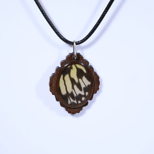 52719 - Real Butterfly Wing Jewelry - Pendant - Dark Wood - Oval - Filigree - Paper Kite