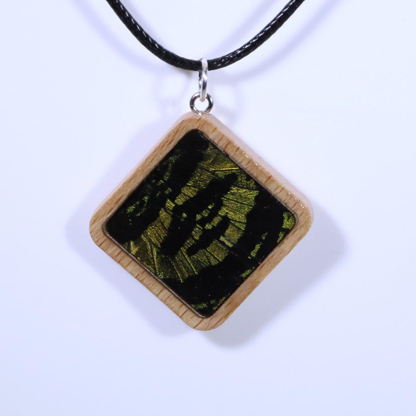 52903 - Real Butterfly Wing Jewelry - Pendant - Tan Wood - Large - Diamond Shape - Sunset Moth - Green
