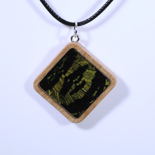 52903 - Real Butterfly Wing Jewelry - Pendant - Tan Wood - Large - Diamond Shape - Sunset Moth - Green