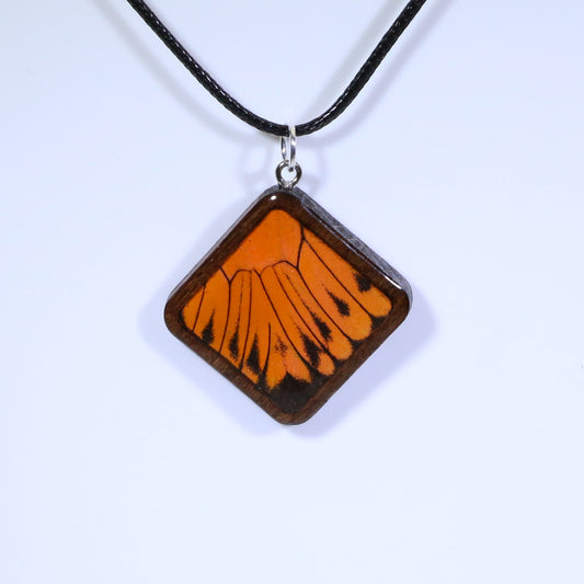 52915 - Real Butterfly Wing Jewelry - Pendant - Dark Wood - Large - Diamond Shape - Hebomia - Orange