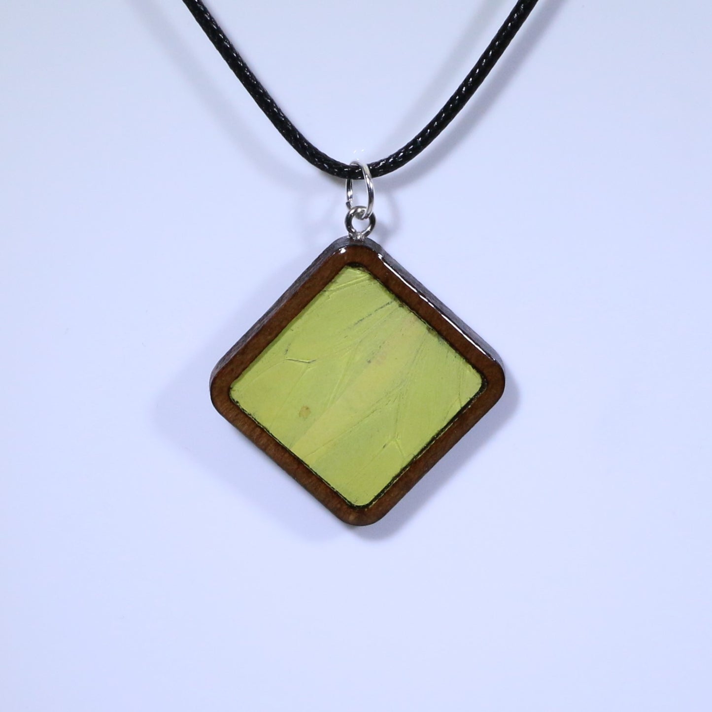 52916 - Real Butterfly Wing Jewelry - Pendant - Dark Wood - Large - Diamond Shape - Hebomia - Yellow