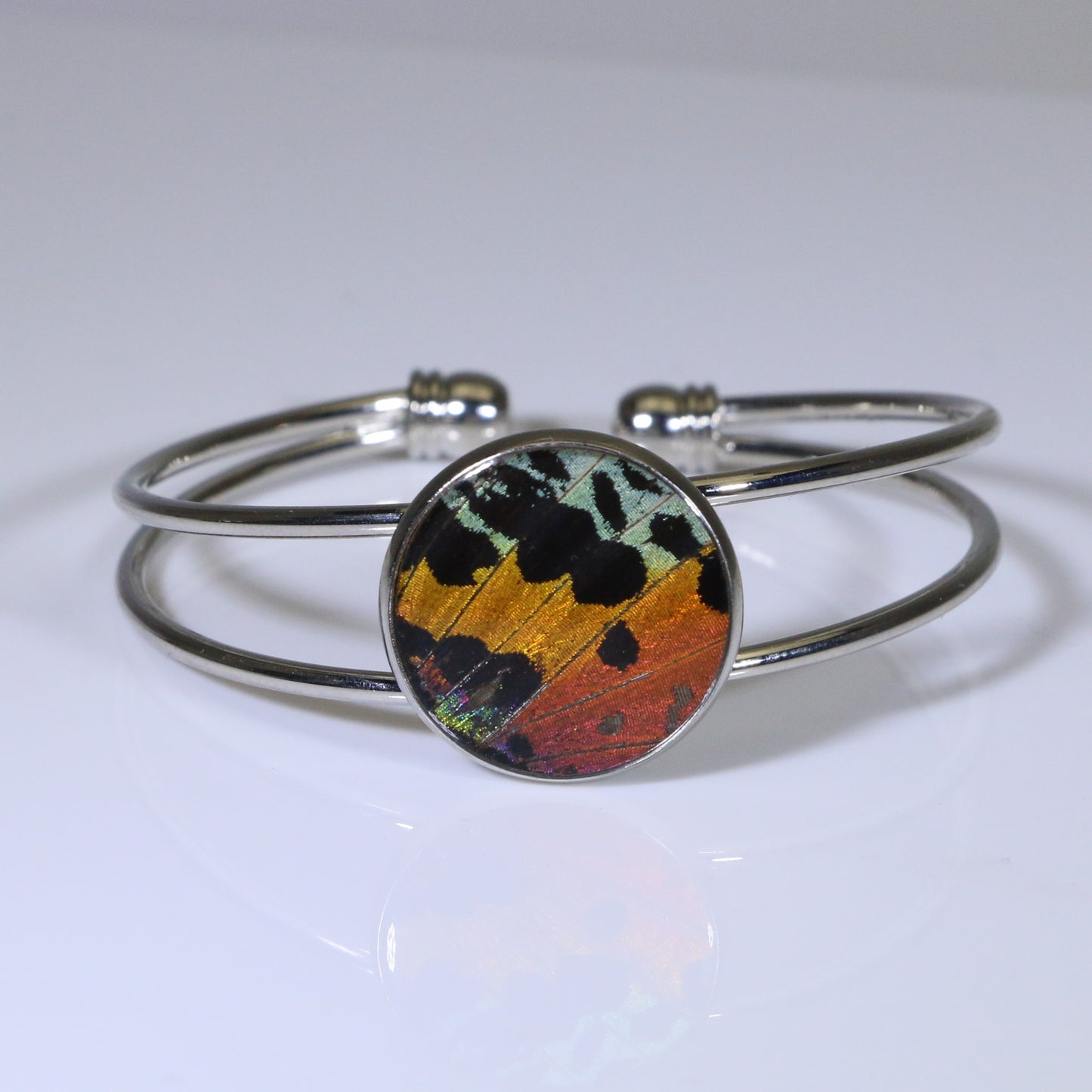 53802 - Real Butterfly Wing Jewelry - Cuff Bracelet - Silver-Plated - 20mm - Sunset Moth - Orange