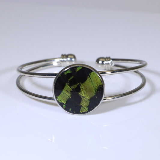 53803 - Real Butterfly Wing Jewelry - Cuff Bracelet - Silver-Plated - 20mm - Sunset Moth - Green