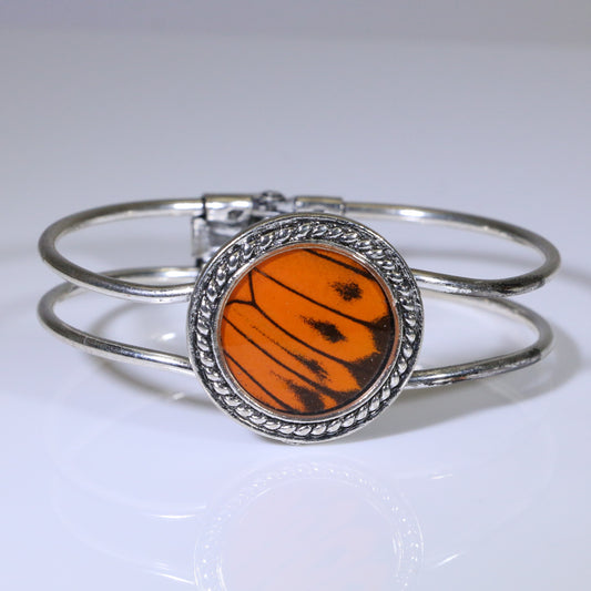 53955 - Real Butterfly Wing Jewelry - Cuff Bracelet - 25mm - Silver-Plated - Hinged Back - Hebomia - Orange