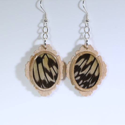 51659 - Real Butterfly Wing Jewelry - Earrings - Medium - Tan Wood - Oval - Filigree - Paper Kite