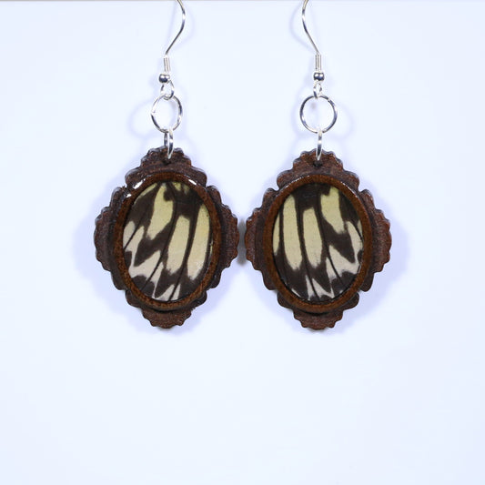 51759 - Real Butterfly Wing Jewelry - Earrings - Medium - Dark Wood - Oval - Filigree - Paper Kite