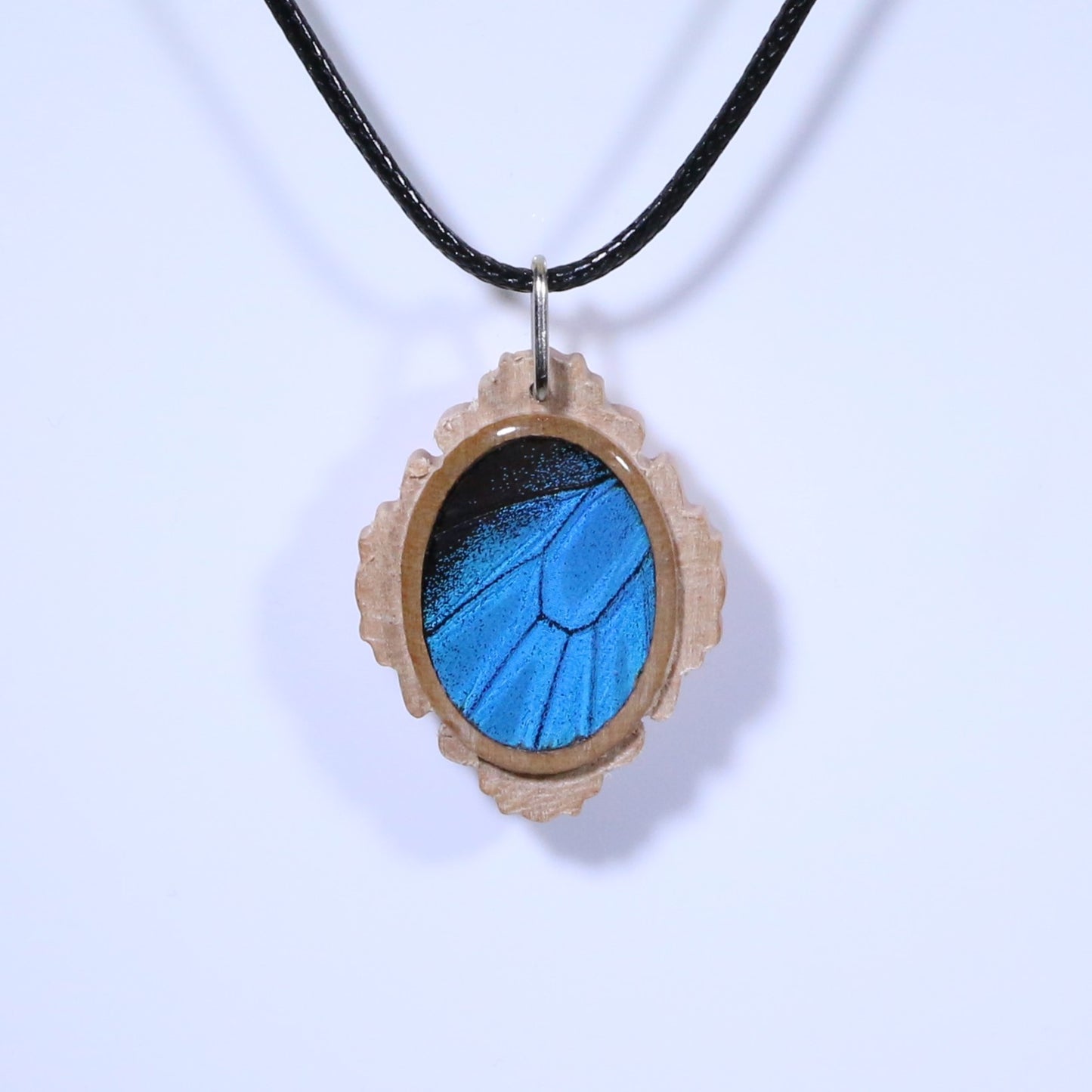 52707 - Real Butterfly Wing Jewelry - Pendant - Tan Wood - Oval - Filigree - Blue Mountain Swallowtail