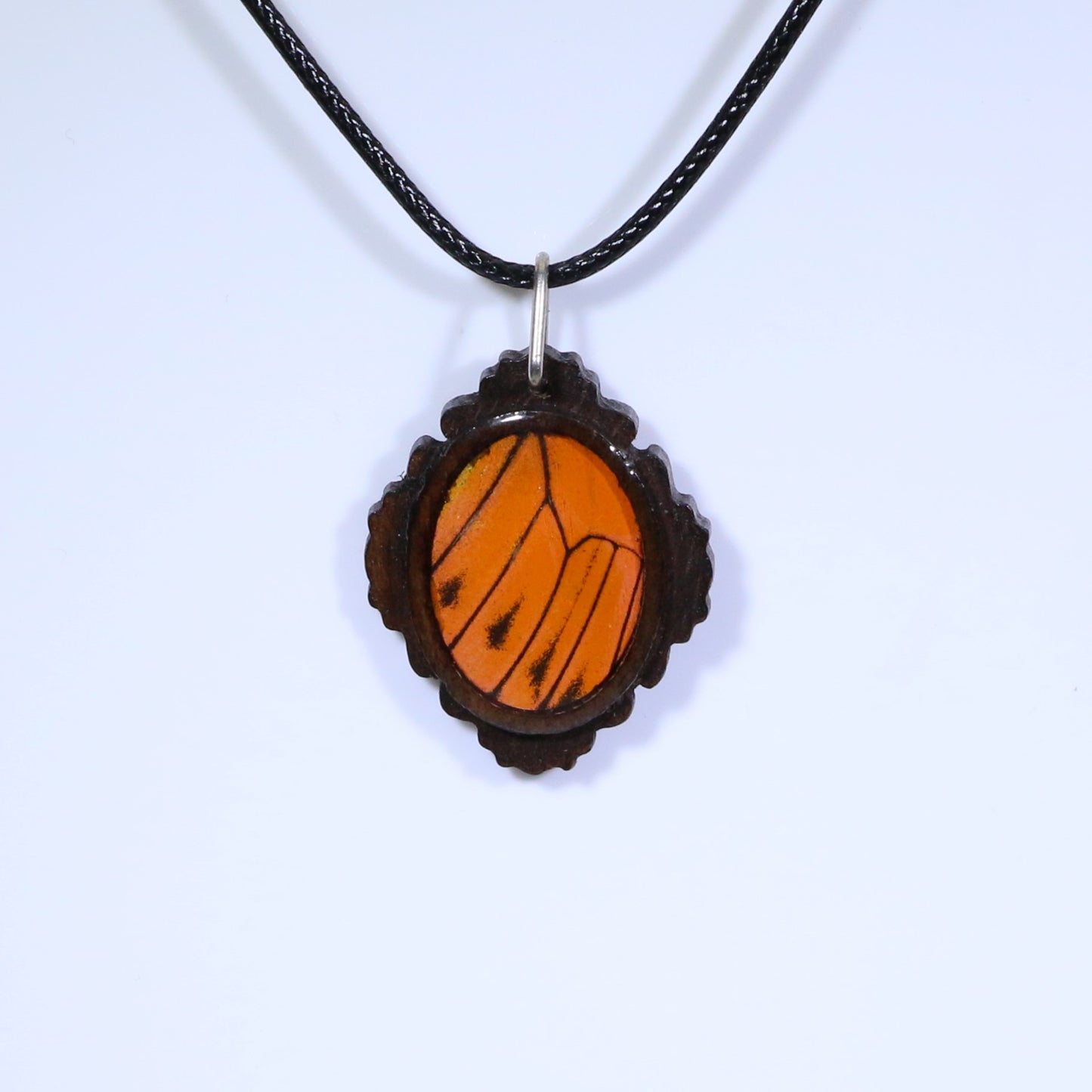 52715 - Real Butterfly Wing Jewelry - Pendant - Dark Wood - Oval - Filigree - Hebomia - Orange