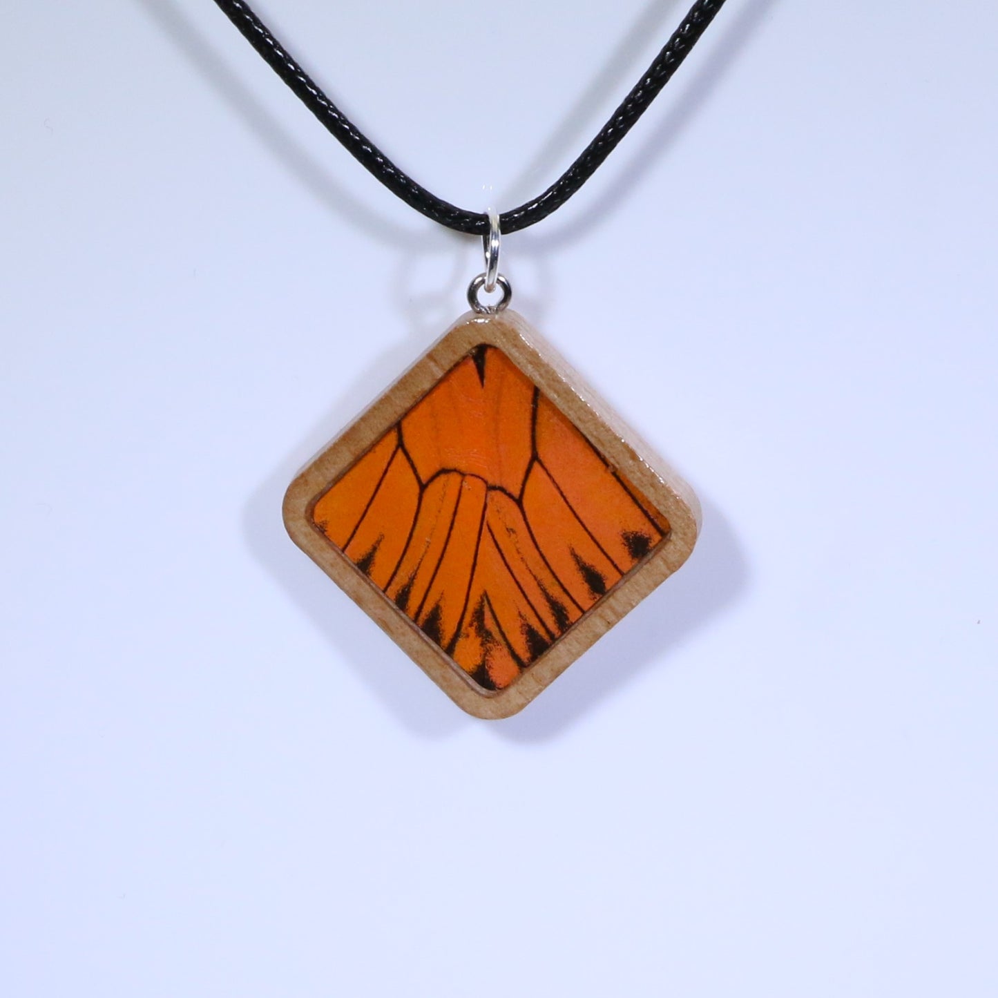 52905 - Real Butterfly Wing Jewelry - Pendant - Tan Wood - Large - Diamond Shape - Hebomia - Orange