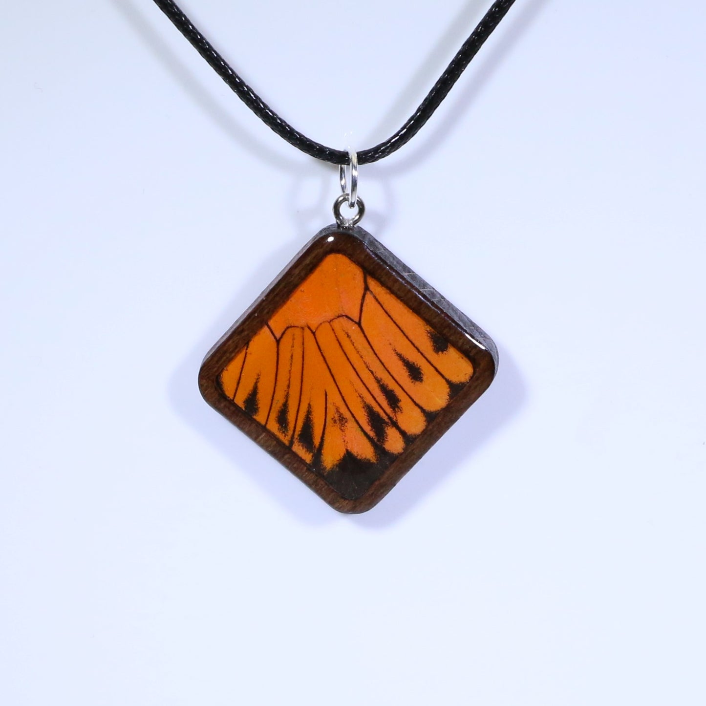 52915 - Real Butterfly Wing Jewelry - Pendant - Dark Wood - Large - Diamond Shape - Hebomia - Orange