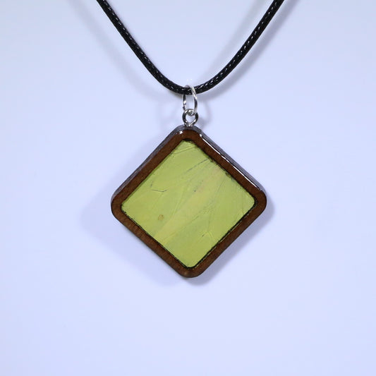 52916 - Real Butterfly Wing Jewelry - Pendant - Dark Wood - Large - Diamond Shape - Hebomia - Yellow