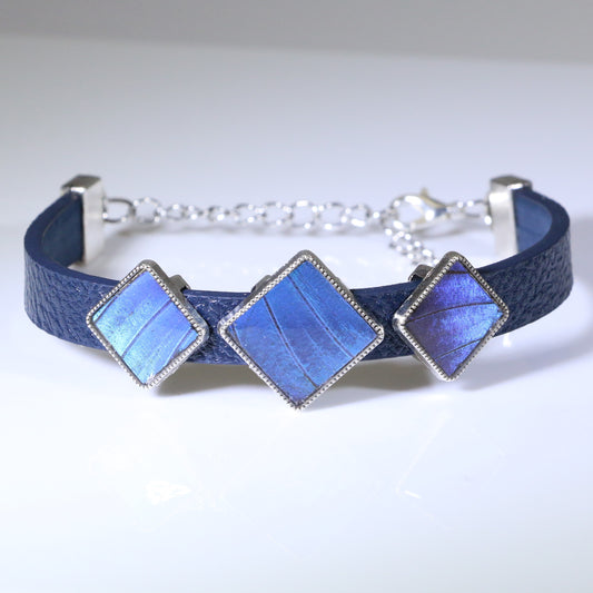 53601 - Real Butterfly Wing Jewelry - Bracelets - 3 Settings - 1 Large - 2 Small - Diamond Shape - Blue Morpho