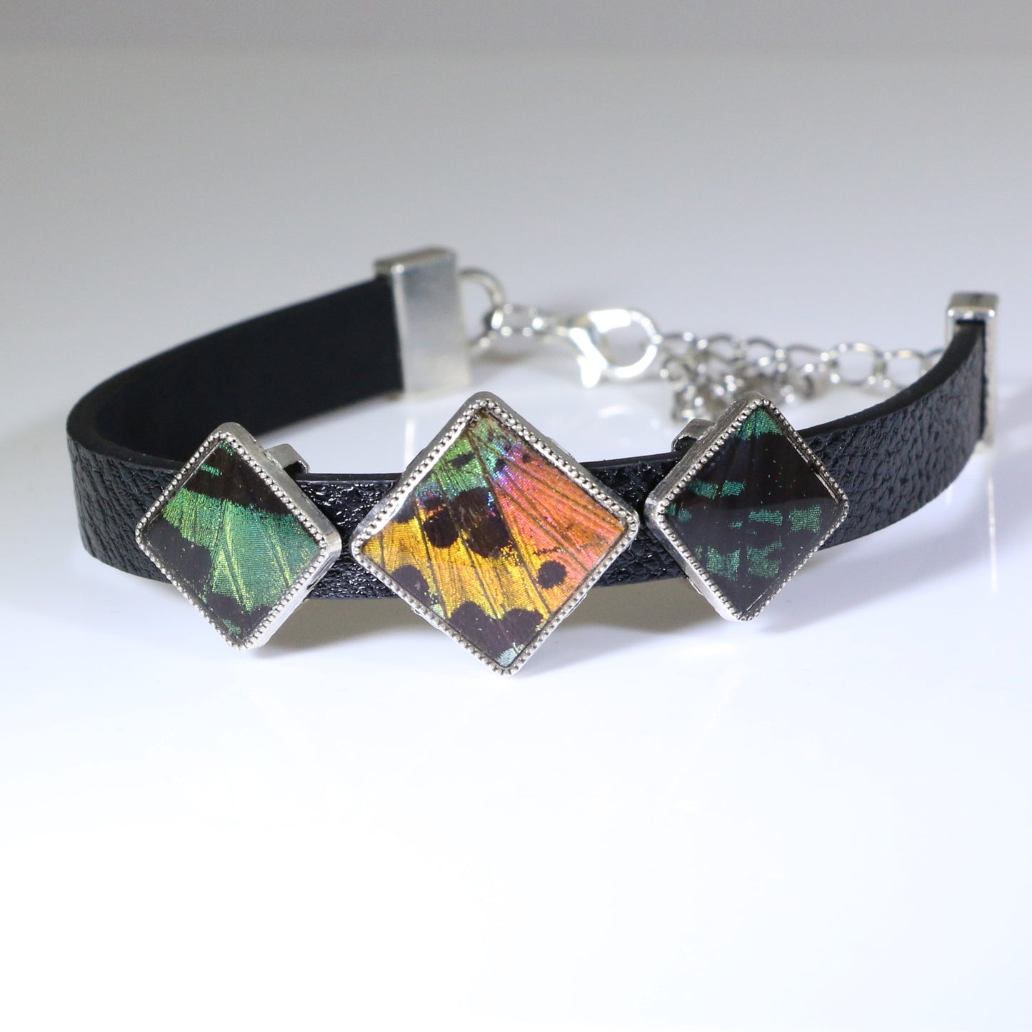 53702 - Real Butterfly Wing Jewelry - Bracelets - 3 Diamond Shape Settings - Sunset Moth